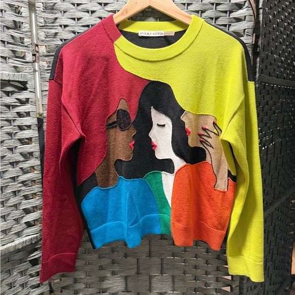 Alice + Olivia Gleeson "Girl Gang" Intarsia Wool-Blend Sweater in Small - Picture 2 of 6